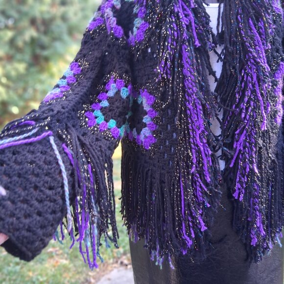 Granny Square Super Fringe Black Purple Greens L/XL - Picture 3 of 12